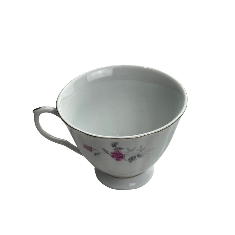Vintage Porcelain Pink Rose Floral Teacup Gold Trim Footed White Tea Cup China - Picture 2 of 4